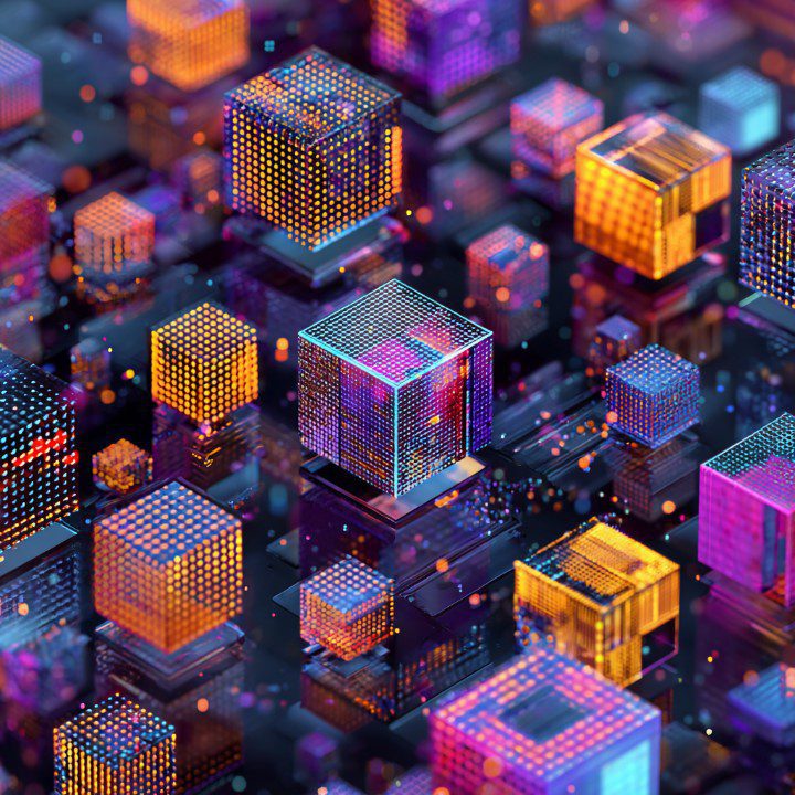 Colorful 3D cubes glowing with data points, representing AI, cloud technology, and digital transformation in a futuristic style.