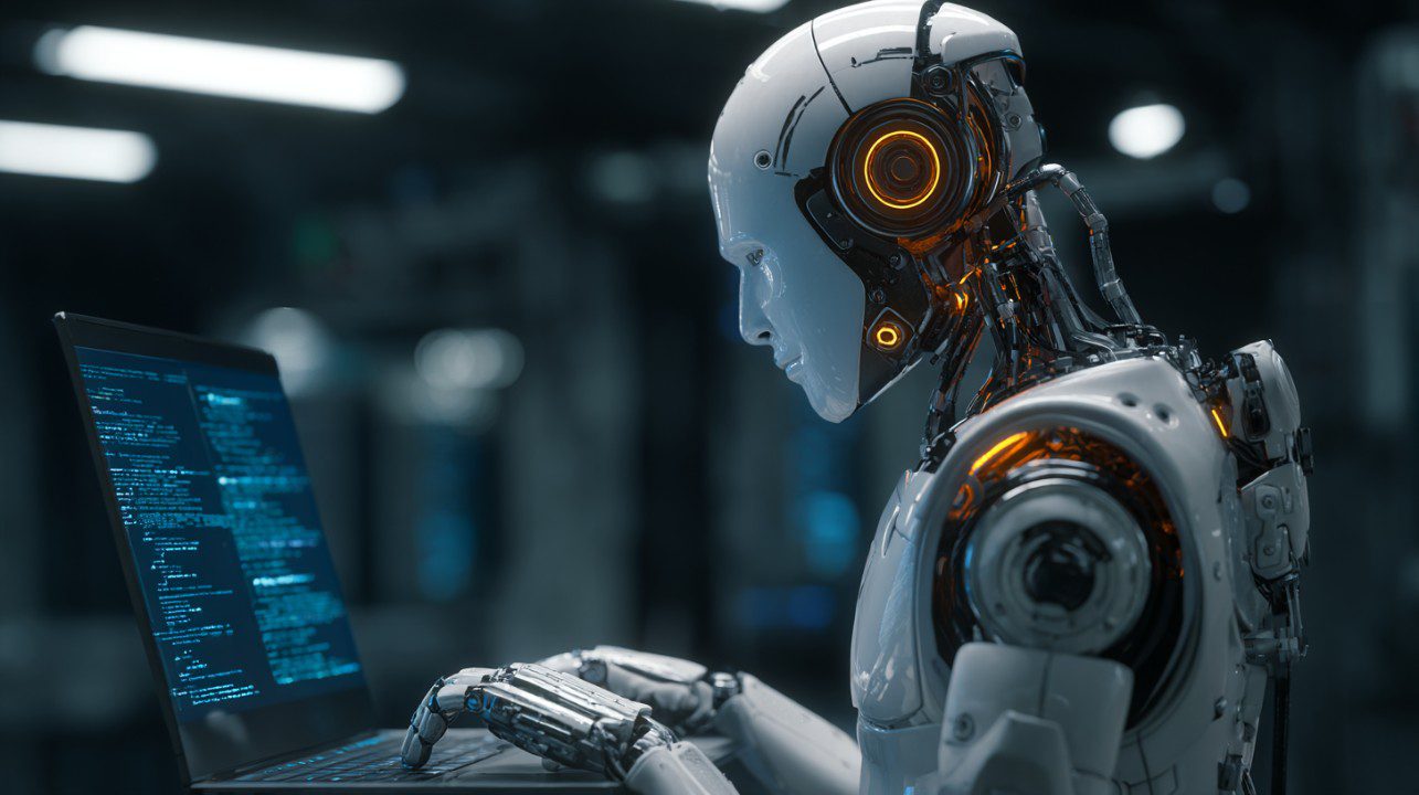 Advanced humanoid robot with glowing circuits coding on a laptop in a futuristic lab, symbolizing AI and human-machine synergy.