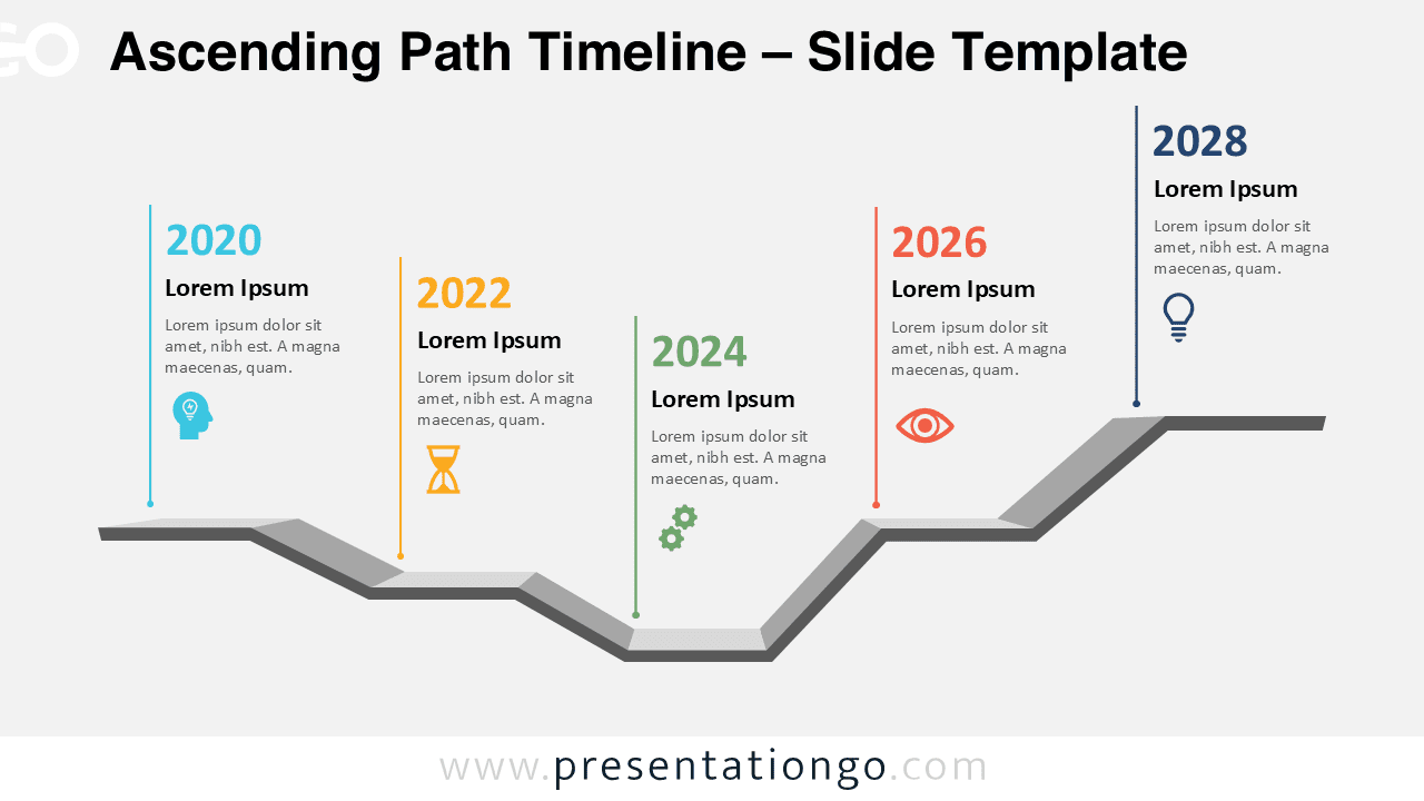 Free Ascending Path Timeline PowerPoint template with a light background, featuring five colorful milestone steps and alternating labels.