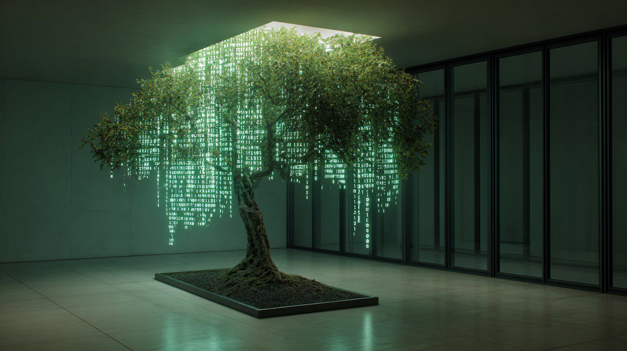 A digital art installation of a tree with leaves made from glowing binary code, symbolizing the fusion of technology and nature.