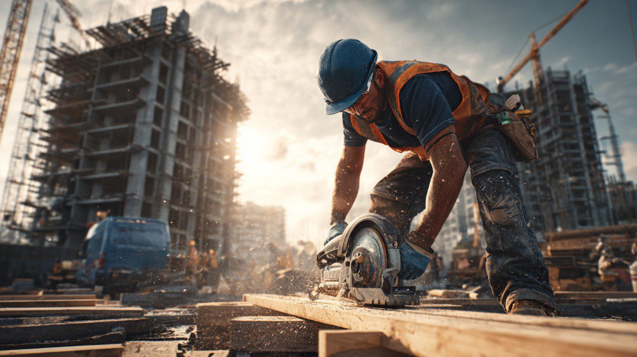 A cinematic photograph of a construction worker in safety gear using a circular saw on a wooden plank at a busy construction site with tall buildings in the background.