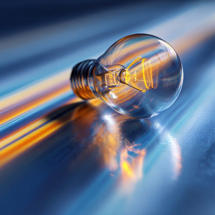 Glowing light bulb on abstract reflective blue and orange surface, symbolizing innovation, creativity, and new ideas.