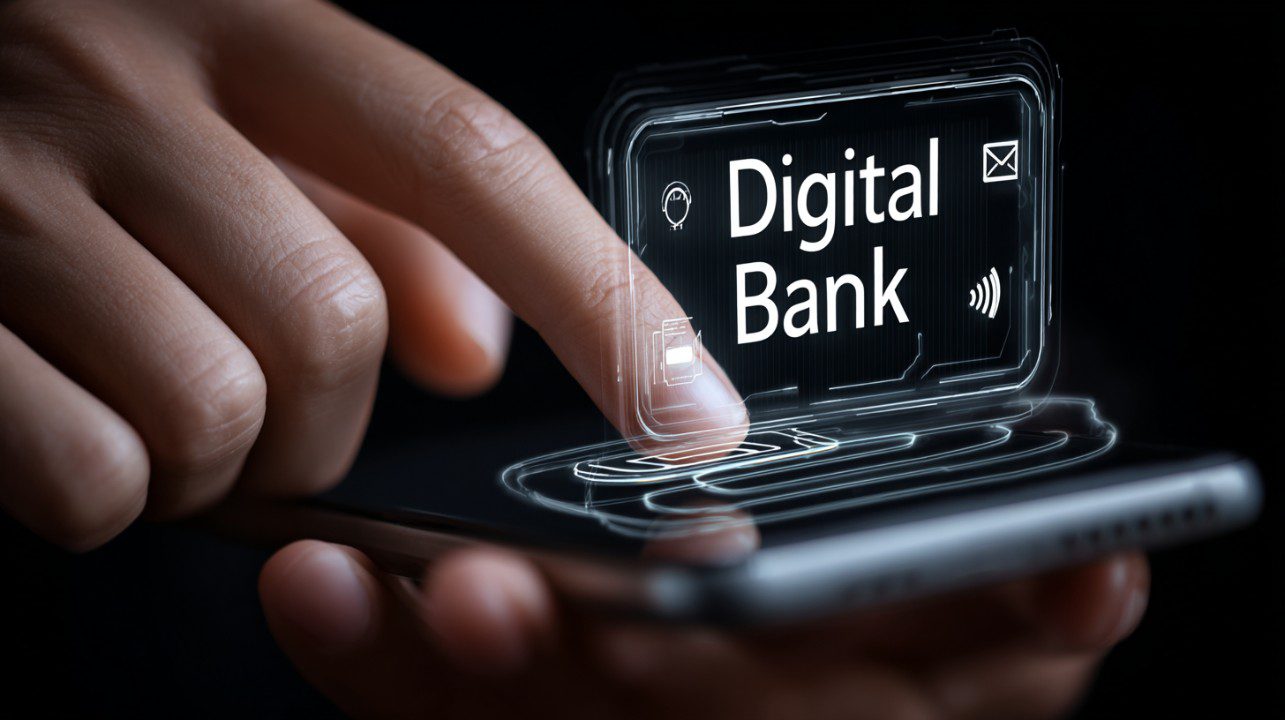 A hand interacts with a smartphone displaying a futuristic digital banking interface, symbolizing mobile fintech innovation.