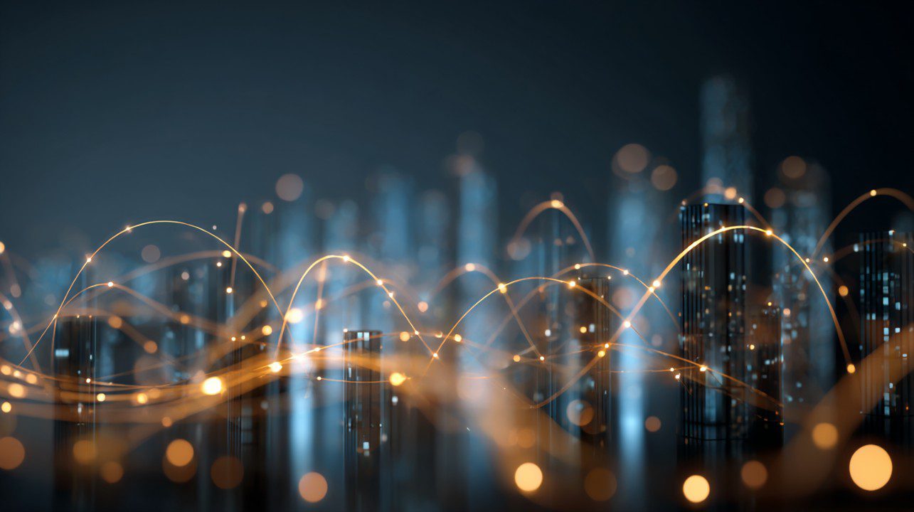 3D digital cityscape with glowing orange data connection lines symbolizing technology, communication, and smart infrastructure.