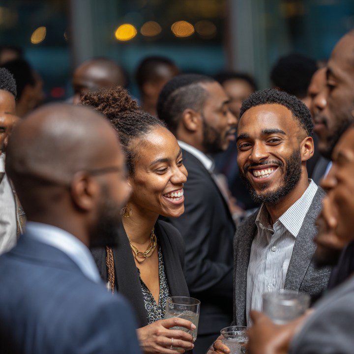A diverse group of smiling professionals engaging in conversation and networking at a business social event.