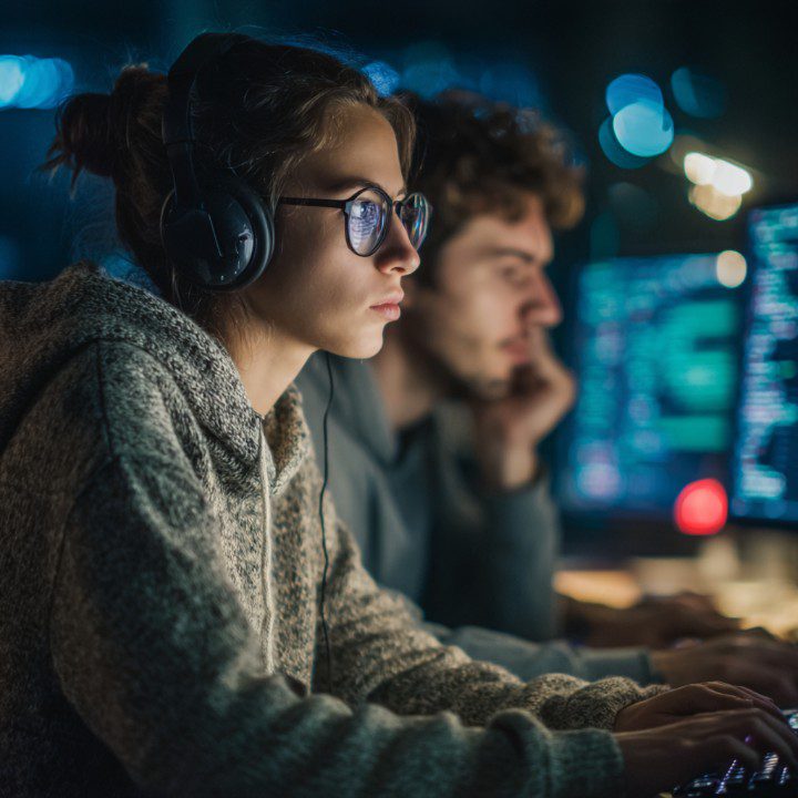 Young female programmer with headphones coding next to a male developer in a dark room with glowing monitors.