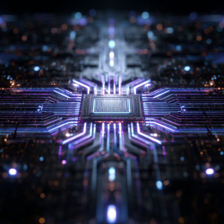 A close-up digital rendering of a futuristic microchip with glowing blue and violet circuits in a dark high-tech setting.