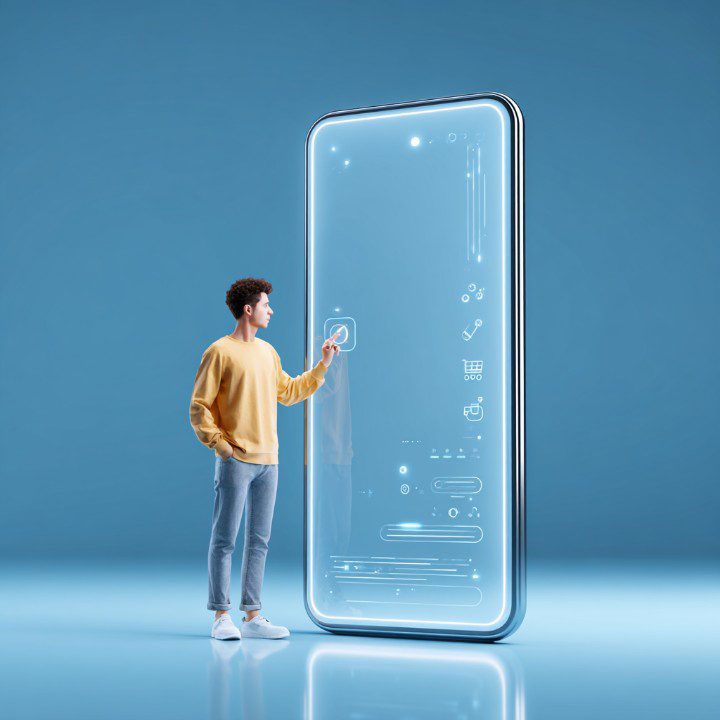 3D-rendered scene of a young man interacting with a giant transparent smartphone interface, representing futuristic app design and tech use.