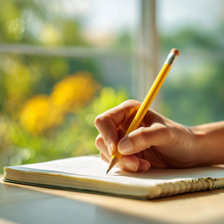 A hand holding a yellow pencil writing in a spiral notebook on a sunlit desk, with blurred green and yellow foliage in the background.