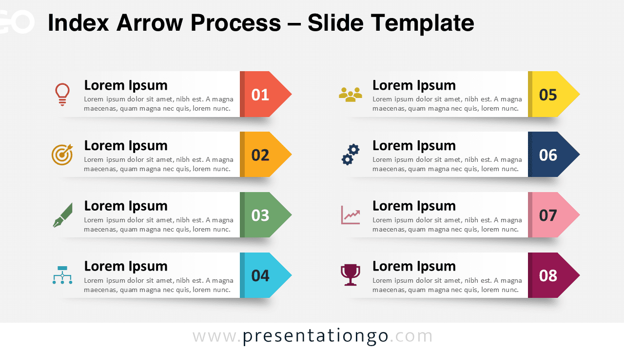 Free Index Arrow Process PowerPoint template and Google Slides diagram with eight horizontal strips in two columns on a light background.