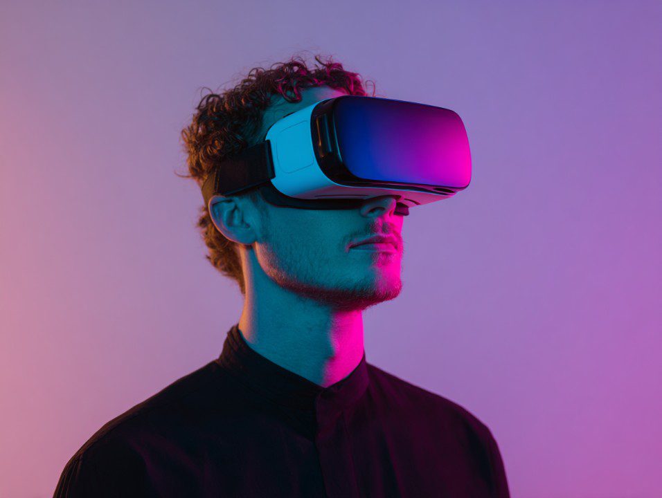 Young man wearing a VR headset with neon magenta and cyan lighting, standing against a soft gradient background in a minimalist tech setup.