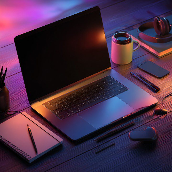A modern workspace with an open laptop, headphones, coffee mug, notebook, and smartphone, illuminated by ambient purple and orange neon lighting.