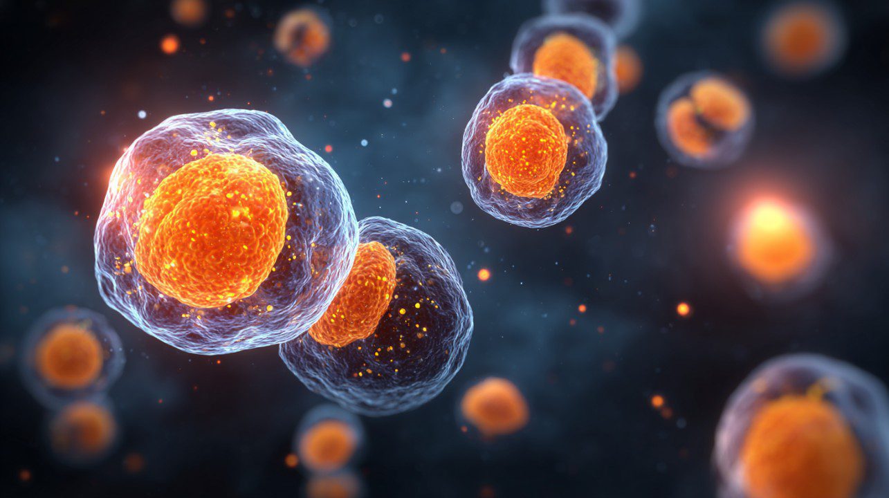 Microscopic visualization of fat cells with bright glowing nuclei, showing detailed molecular structure against a dark background.