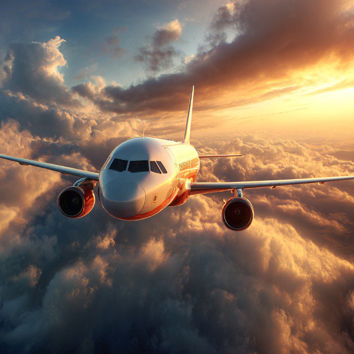 Modern passenger airplane flying through colorful clouds at sunset, with dramatic sky and soft lighting.