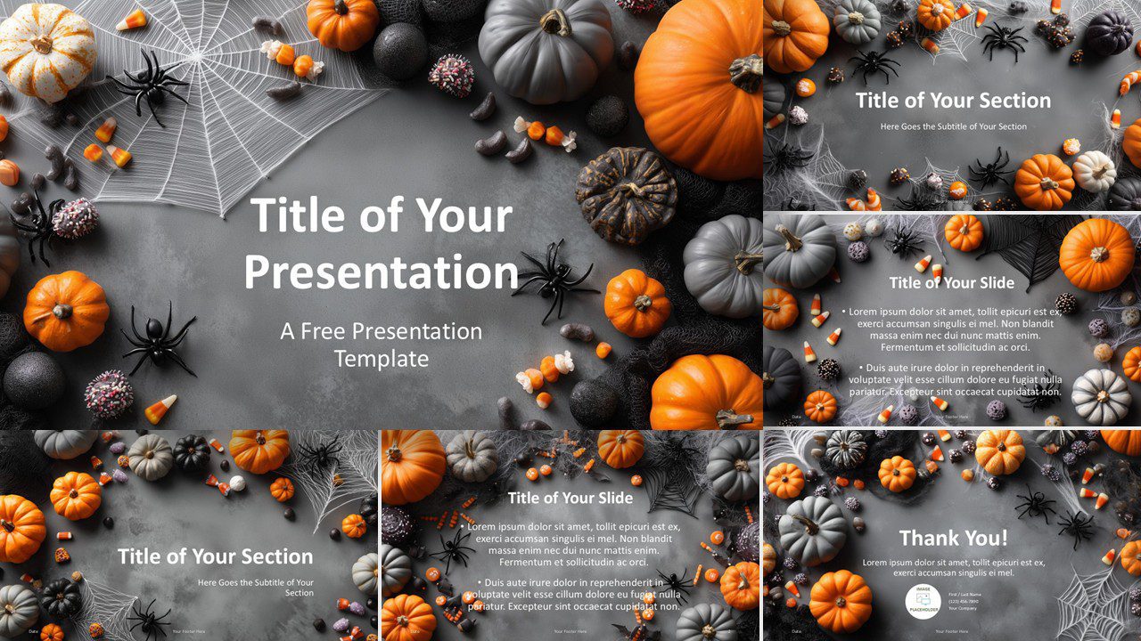 Full widescreen preview of the Halloween-themed Pumpkin & Web template designed for PowerPoint and Google Slides use.