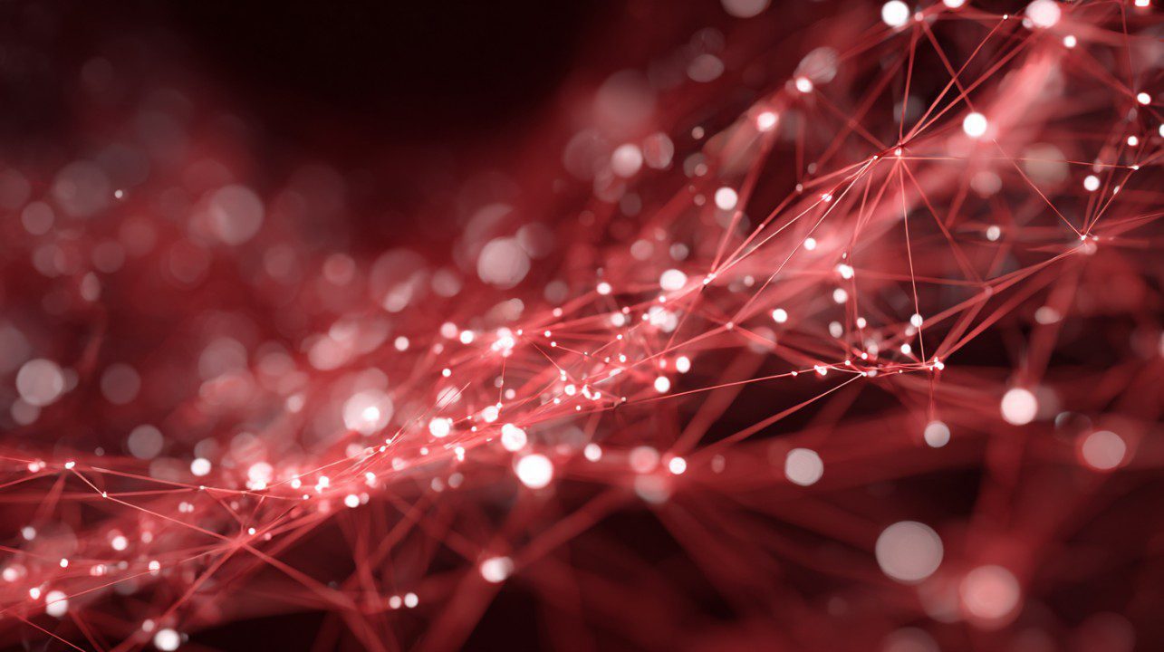 Abstract red AI network visualization with glowing nodes and connecting lines, representing data and neural connectivity.