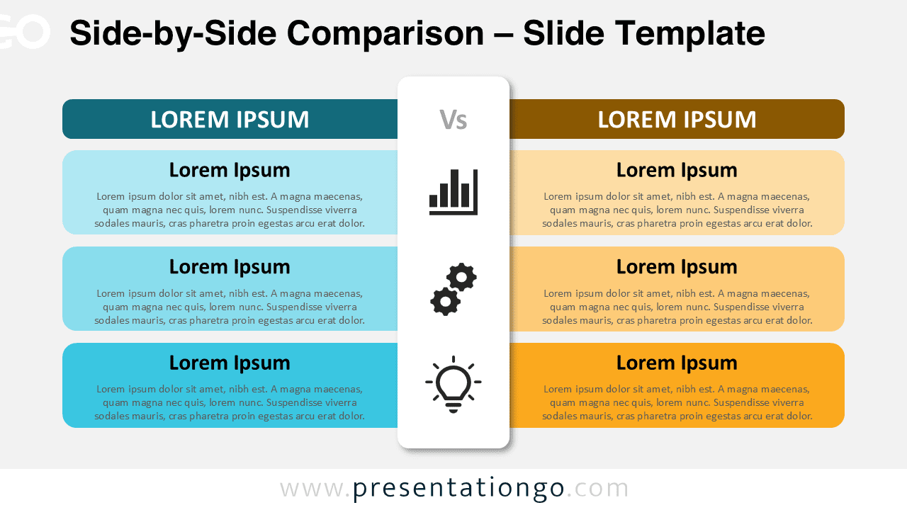 Free Side-by-Side Comparison PowerPoint template with Google Slides compatibility showing a light background, two columns, and 3 icon rows for contrasting ideas.