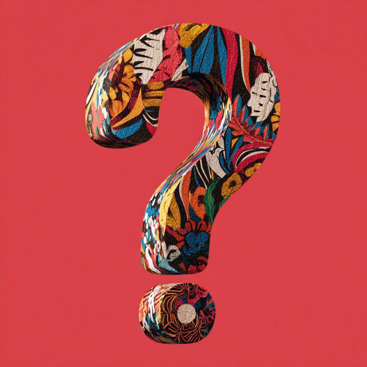 Large 3D question mark covered in colorful floral patterns on a red background, ideal for creative, FAQ, or abstract visuals.