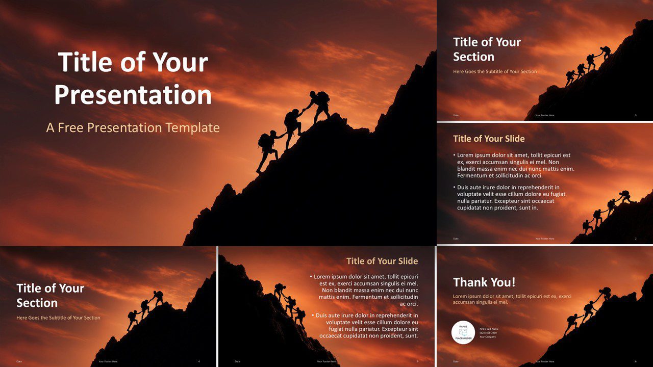 Widescreen view of the Summit Teamwork Template for PowerPoint and Google Slides, highlighting dramatic visuals and clean layouts.