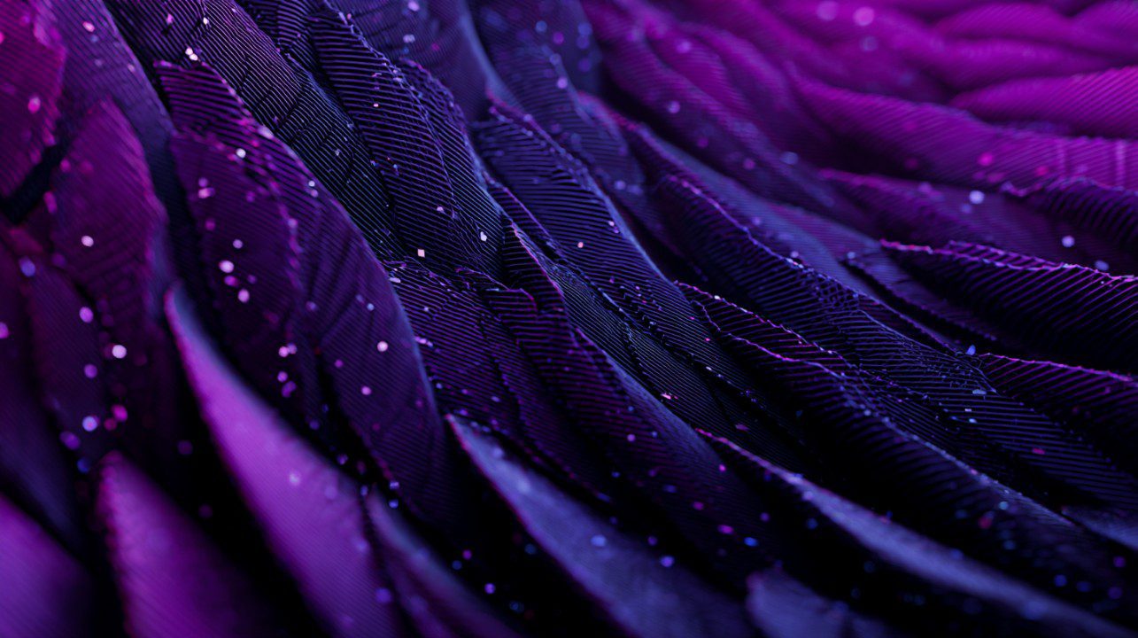 Layered abstract purple texture resembling digital data flow, with particle effects and fabric-like surface.