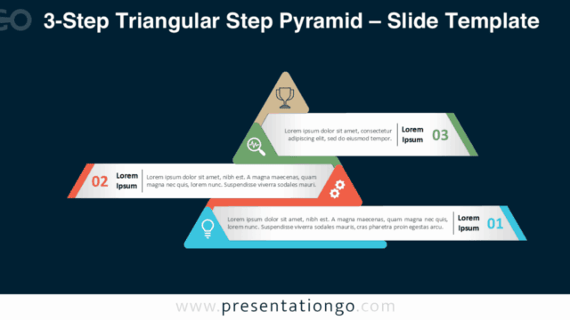 3-Step Triangular Step Pyramid Dark Background Three-step pyramid design on a dark background for PowerPoint and Google Slides, representing structure and progress.