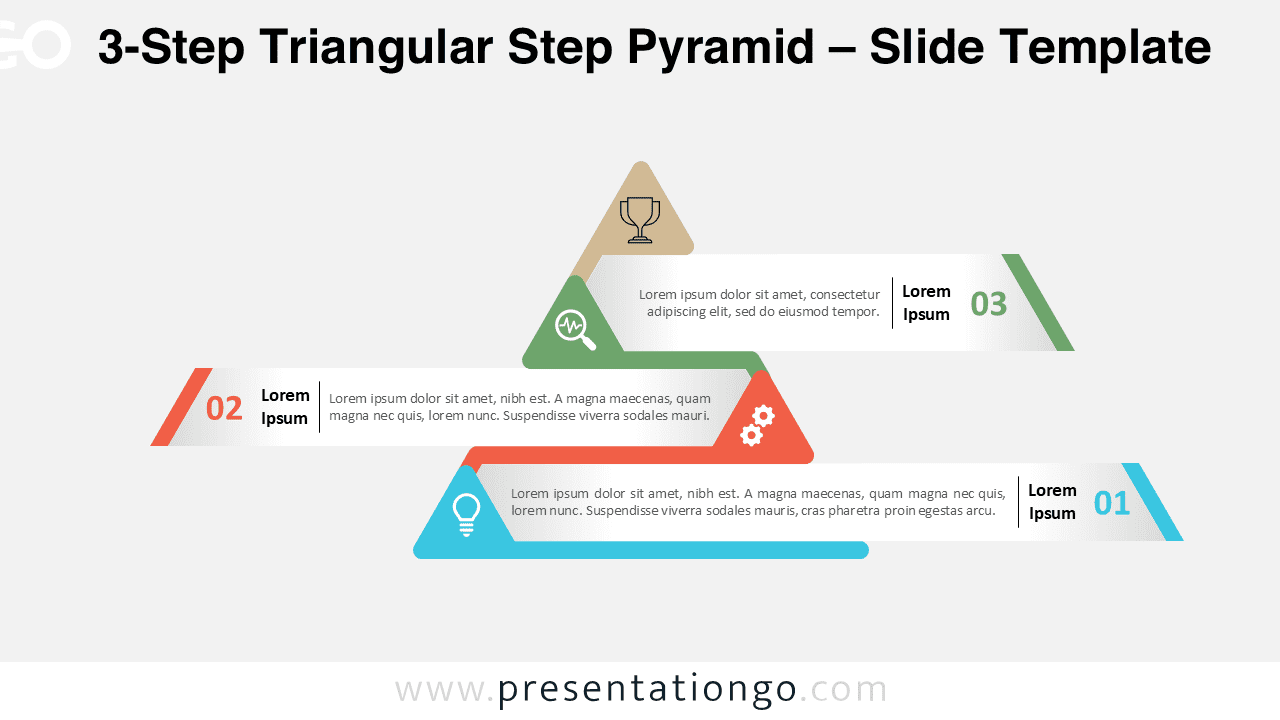 Minimal 3-step triangular pyramid on a light background for PowerPoint and Google Slides, illustrating workflow or hierarchy.