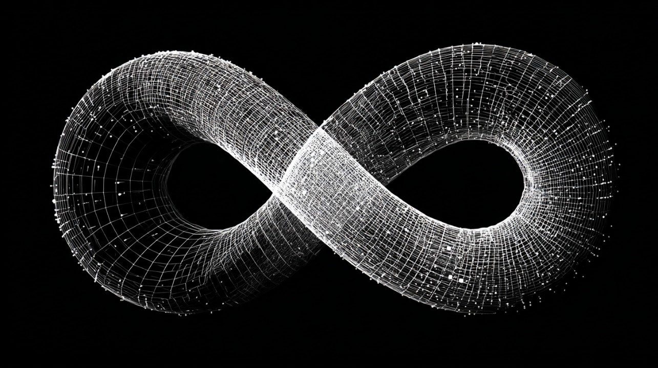 Digital 3D wireframe rendering of an infinity symbol made of glowing mesh and data points on a black background, representing futurism and technology.