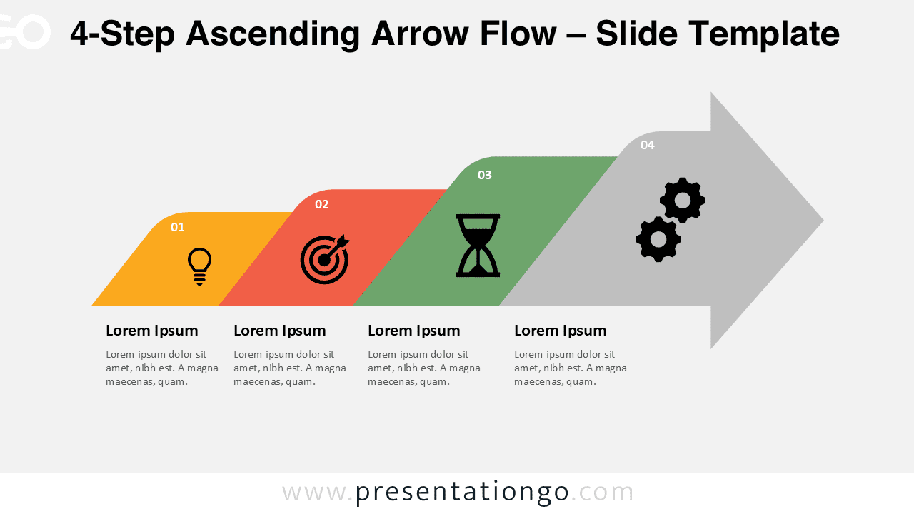Four connected arrows rising upward in a 4-step sequence on a light background, with editable text and icon placeholders in PowerPoint.
