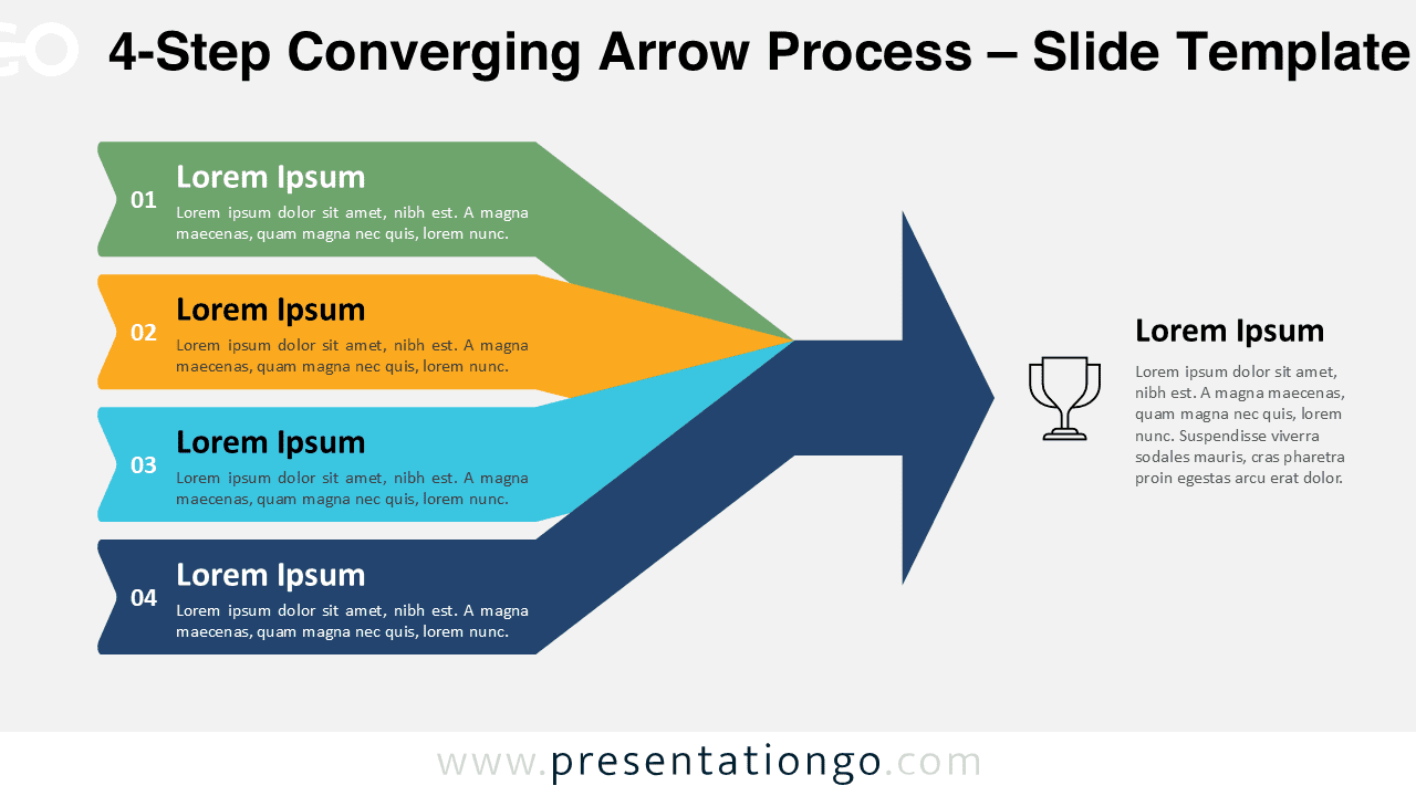 Clean light background version of 4-step converging arrows showing teamwork and convergence in PowerPoint and Google Slides design.