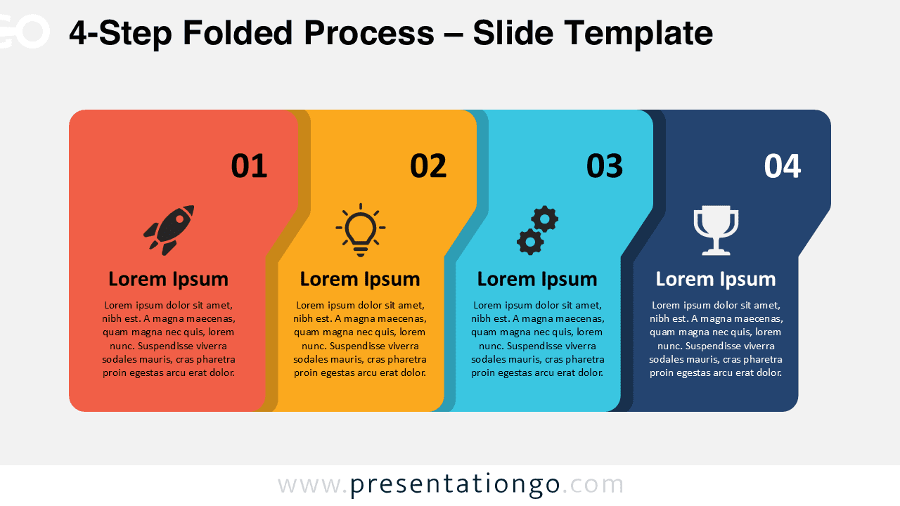 Editable 4-step folded process layout on light background for PowerPoint and Google Slides.