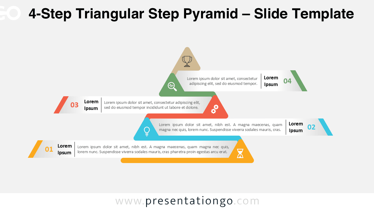 Four-step triangular pyramid on a light background for PowerPoint and Google Slides, ideal for process and strategy slides.