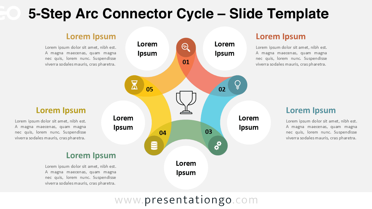 Free 5-Step Arc Connector Cycle PowerPoint template and Google Slides design with a white background, five bright arcs in circular flow, and editable icon placeholders.