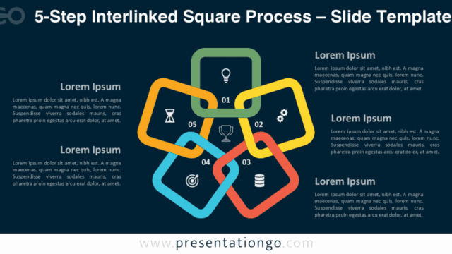 Vibrant 5-step circular diagram with linked squares and icons on a dark background, editable in PowerPoint and Google Slides.