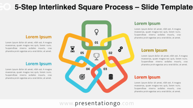 5-Step Interlinked Square Process – Light Background Bright 5-step process diagram of interlinked squares with colored borders and icons on a light background for PowerPoint and Google Slides.