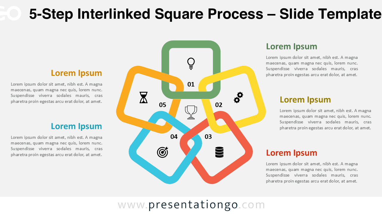 Bright 5-step process diagram of interlinked squares with colored borders and icons on a light background for PowerPoint and Google Slides.