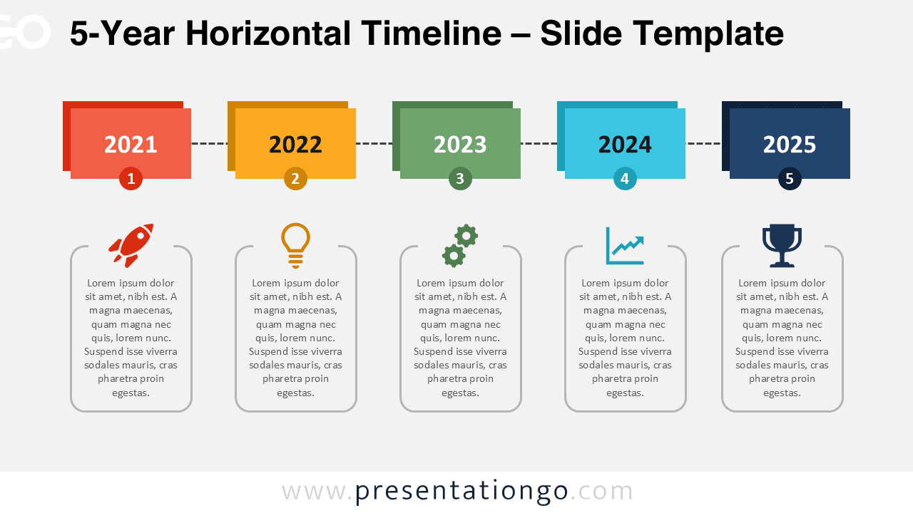 Clean light background 5-Year Horizontal Timeline with vibrant blocks and icons for clear, modern presentations in PowerPoint and Google Slides.