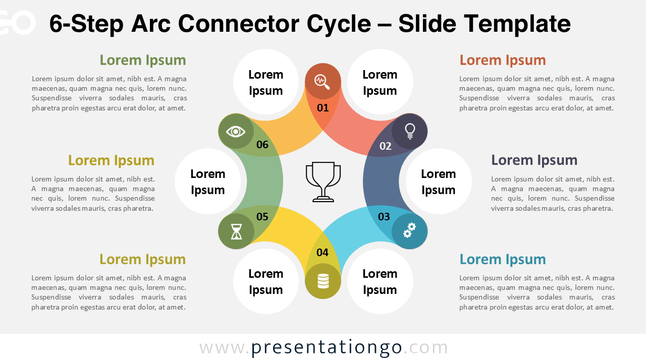 Light-themed version of a 6-step circular process diagram featuring vibrant arcs, editable icons, and text areas for modern PowerPoint or Google Slides presentations.
