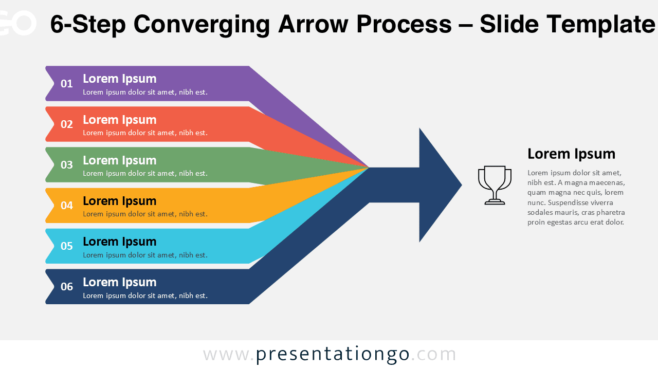 Light background version of 6-step converging arrows showing alignment and focus in PowerPoint and Google Slides business presentations.