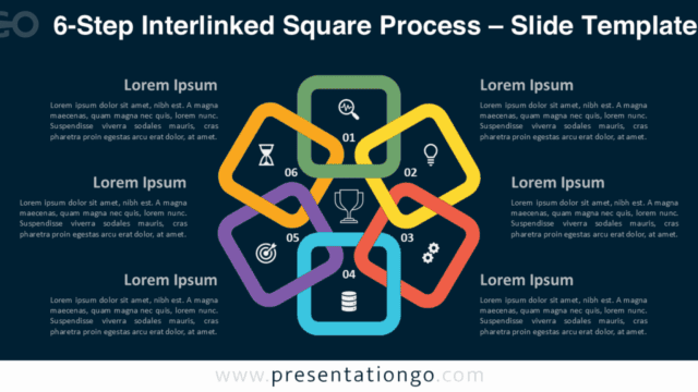 Six colorful linked squares forming a circular process layout on a dark background for PowerPoint and Google Slides.