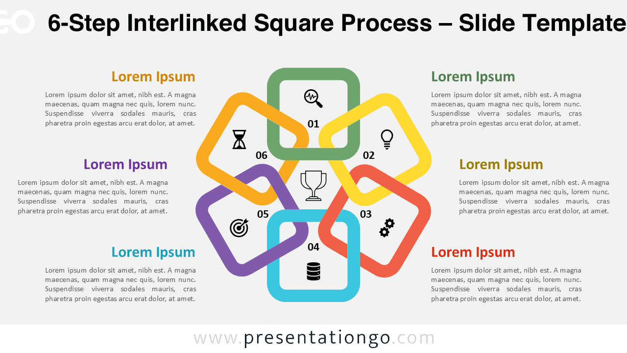Six connected squares forming a circular flow diagram on a bright background for PowerPoint and Google Slides.