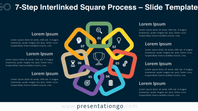 Vibrant 7-step circular diagram of interlinked squares on a dark background for PowerPoint and Google Slides.