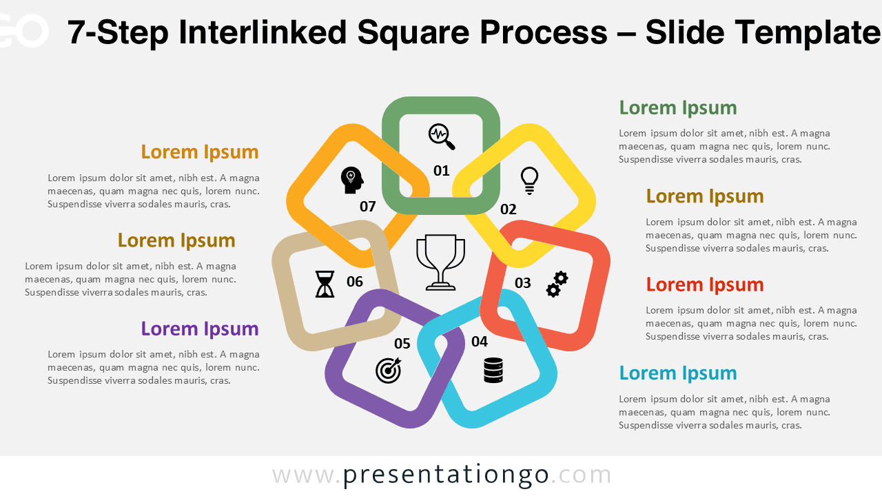 7-step diagram made of interlinked squares in vivid colors on a light background for PowerPoint and Google Slides.