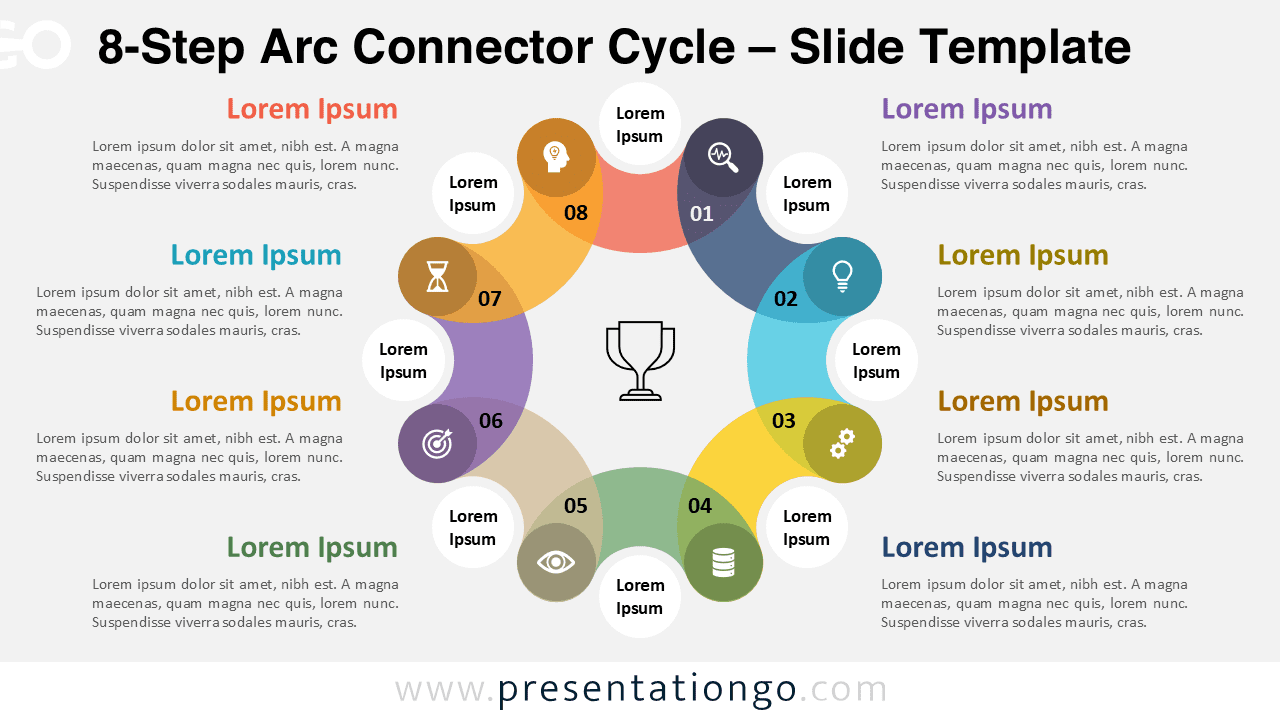 8-Step Arc Connector Cycle template for PowerPoint and Google Slides with bright tones, clean white background, and colorful interconnected circular steps.