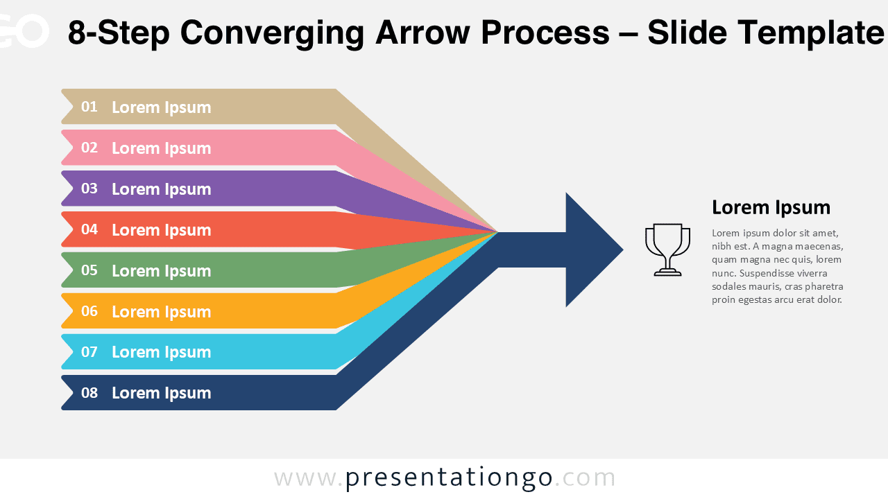 Light background version of 8-step converging arrow diagram showing unity and progress in PowerPoint and Google Slides presentations.