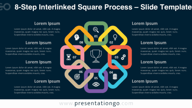 Bright 8-step interlinked squares diagram with icons on a dark background for PowerPoint and Google Slides.