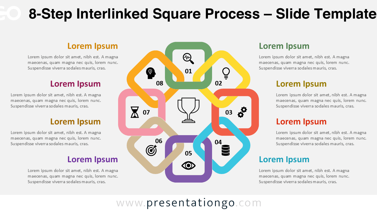 Eight vivid interlinked squares forming a circular 8-step process diagram on a light background for PowerPoint and Google Slides.