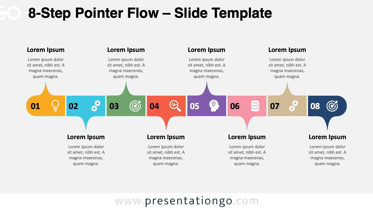 Free 8-Step Pointer Flow PowerPoint template and Google Slides diagram with colorful numbered blocks and pointer shapes on a light background.