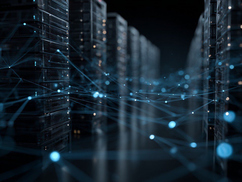 A futuristic data center with rows of servers interconnected by glowing blue digital nodes, representing secure data transmission and networking.
