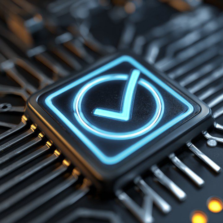 Glowing blue checkmark icon embedded on a futuristic circuit board, representing digital validation and secure system approval.