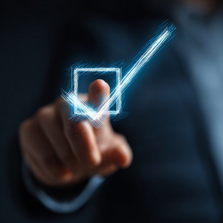 A hand reaches toward a glowing digital checkmark icon on a virtual interface, representing digital approval and secure interaction.